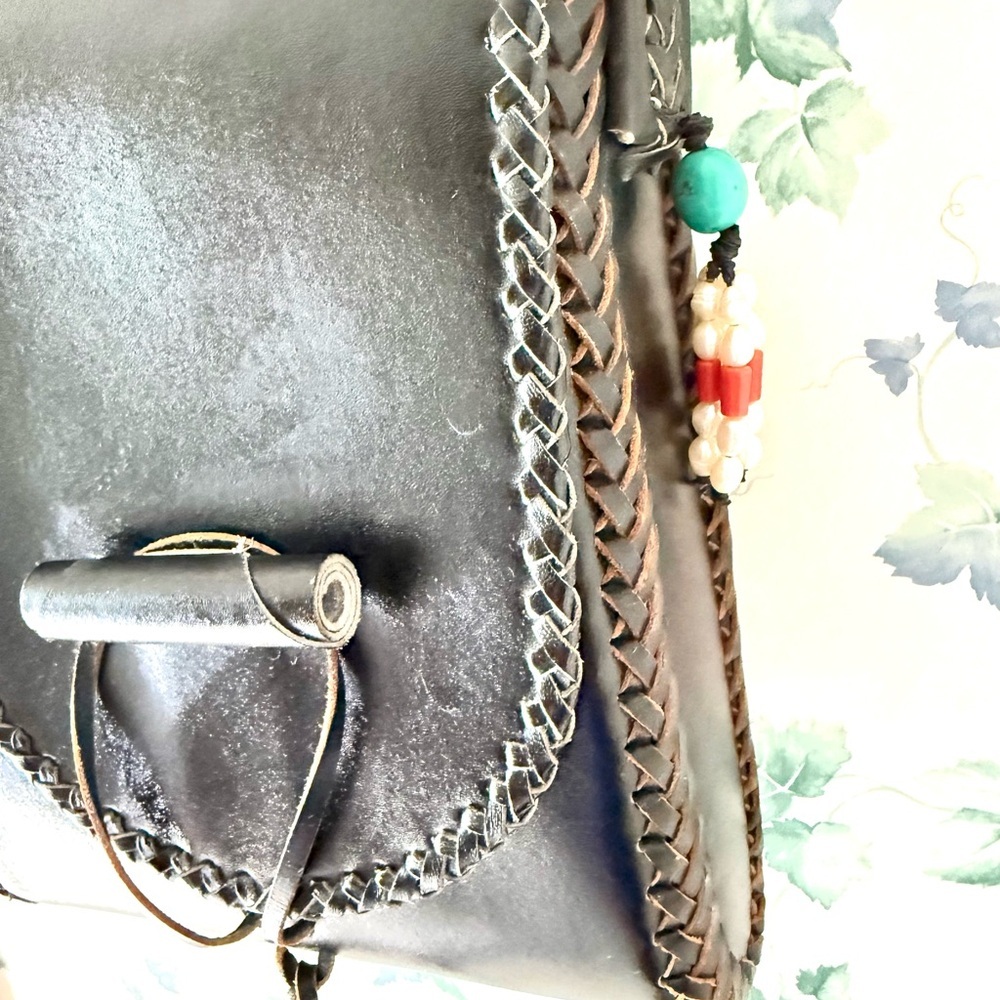 Vintage Black Leather Shoulder Bag Woven Trim Boho Western Style Purse - Picture 4 of 6